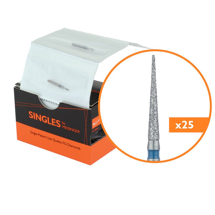Single-Use Diamond Bur, Sterile, 25 Pack, 1.4mm Ø, Tapered Point, Needle, 10mm Working Length, Medium, FG - 1314.10M - Avtec Dental