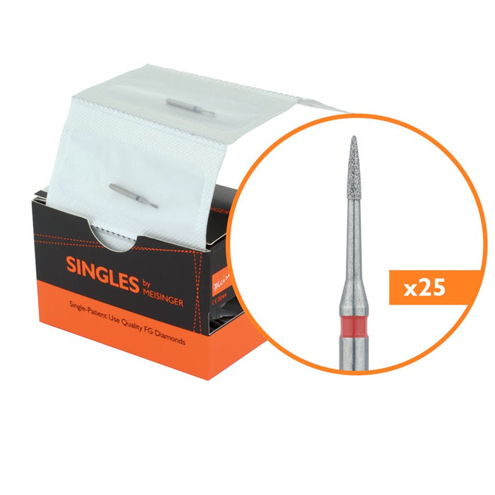 Single-Use Diamond Bur, Sterile, 25 Pack, 0.9mm Ø, Flame, 3.5mm Working Length, Fine, FG - 1509.3F - Avtec Dental