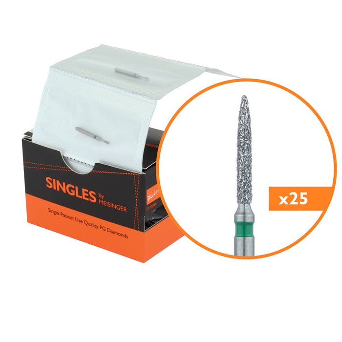 Single-Use Diamond Bur, Sterile, 25 Pack, 1.2mm Ø, Flame, 8mm Working Length, Coarse, FG - 1512.8C - Avtec Dental