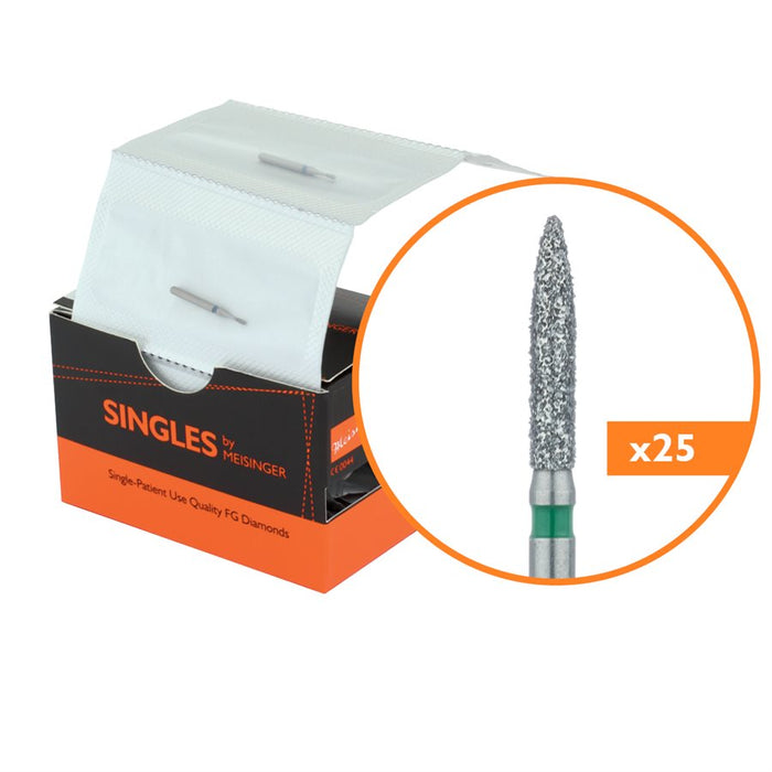 Single-Use Diamond Bur, Sterile, 25 Pack, 1.6mm Ø, Flame, 8mm Working Length, Coarse, FG - 1516.8C - Avtec Dental