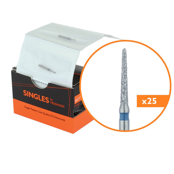 Single-Use Diamond Bur, Sterile, 25 Pack, 1.2mm Ø, Torpedo, Tapered, 8mm Working Length, Medium, FG - 1712.8M - Avtec Dental