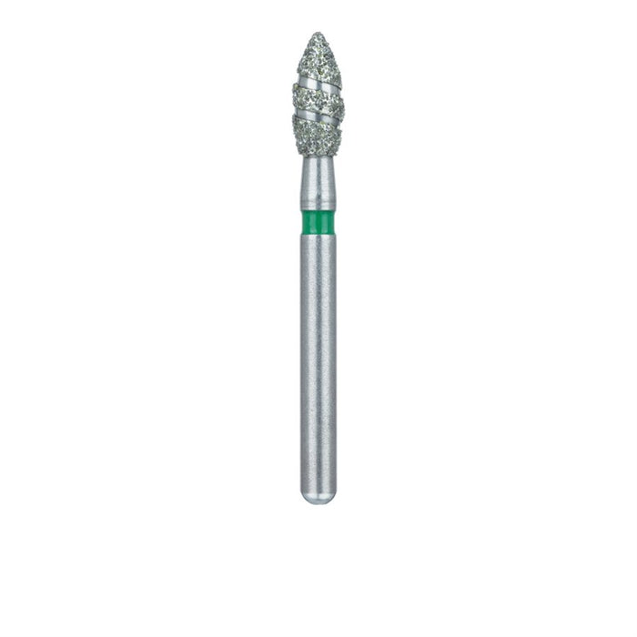 Single-Use Diamond Bur, Sterile, 25 Pack, 2.3mm Ø, Spiral Diamond Bur, Pointed Football, 5.2mm Working Length, Coarse, FG - 8923C - Avtec Dental
